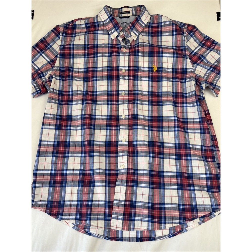 US Polo Assn Mens XL Plaid Short Sleeve Button Down Shirt Stretch Red Blue White